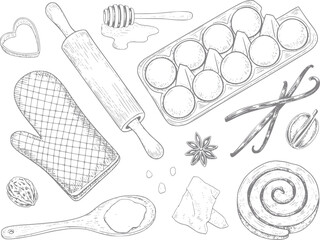 Dibujo a mano de ingredientes para hornear y herramientas de cocina incluyendo huevos, rodillo y rollo de canela
