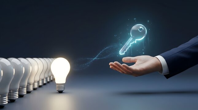 Businessman hand receiving a glowing digital key from a bright lightbulb representing the key to success and innovative business solutions