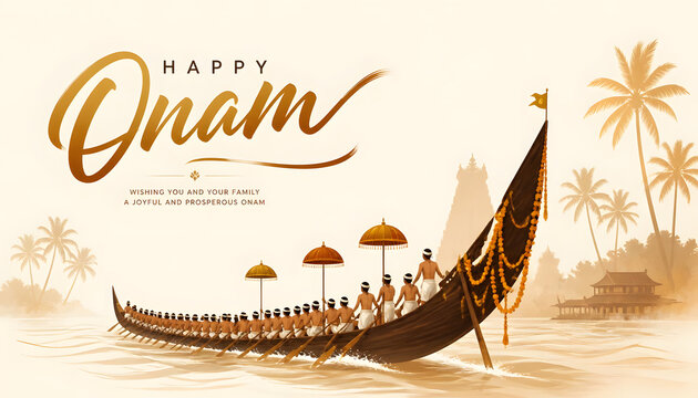 Onam festival illustration featuring a traditional Kerala snake boat on peaceful backwaters with elegant festive typography, ideal for posters, greeting cards, wallpapers, and social media designs.