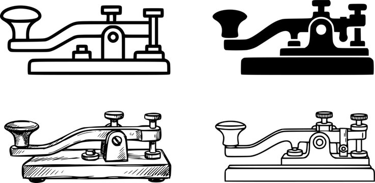 Vector collection of four telegraph key icons in various styles: outline, solid, and hand-drawn. Ideal for history, communication, and Morse code themed designs