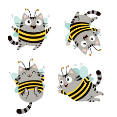Obraz premium Cute kittens in striped vests with wings and whiskers, bee-themed cats flying in various poses. A set of flat vector illustrations in a simple, child-friendly style. Vector illustration
