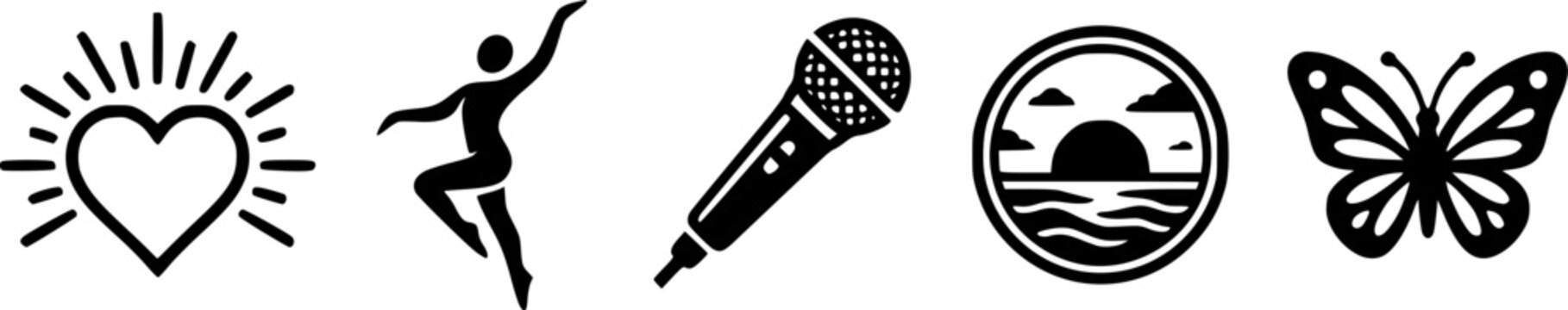 Set of minimalist black vector icons including a heart sun, dancing figure, microphone, sunset badge, and butterfly on a white background.
