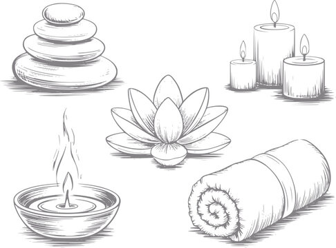 Conjunto dibujado a mano de spa y bienestar que incluye piedras zen, flor de loto, velas y una toalla enrollada