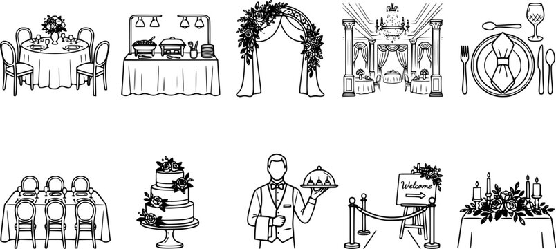 Banquet and event icon set featuring dining tables, buffet service, formal settings, grand ballroom, and decorative archway. Perfect for catering and wedding planning designs.