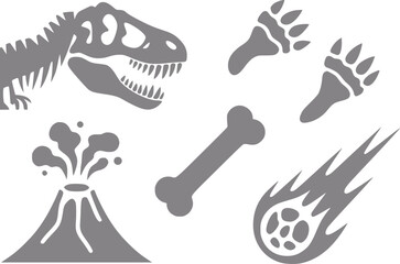 Conjunto de iconos con temática de dinosaurios con un cráneo de t-rex, huellas, un hueso, una erupción volcánica y un meteoro © StockMingle