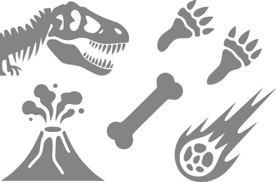 Conjunto de iconos con tem&aacute;tica de dinosaurios con un cr&aacute;neo de t-rex, huellas, un hueso, una erupci&oacute;n volc&aacute;nica y un meteoro