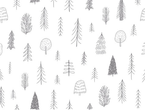 Patr&oacute;n sin costuras con &aacute;rboles doodle dibujados a mano en gris sobre fondo blanco para guarder&iacute;a o textil