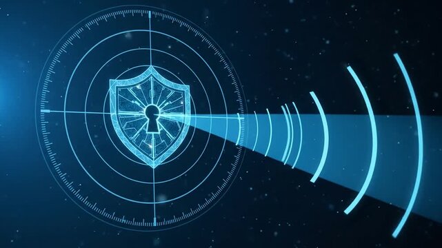 Digital security shield with radar scanning and data protection animation