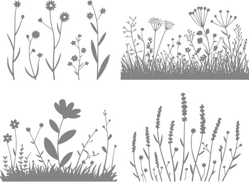 Conjunto de cuatro siluetas decorativas de flores y hierba aisladas sobre fondo blanco para scrapbooking