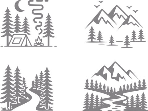 Conjunto de cuatro dise&ntilde;os minimalistas de naturaleza y aventura al aire libre con monta&ntilde;as, bosques, camping y r&iacute;os