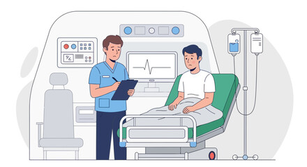Fototapeta premium Medical Checkup: Doctor Examining Patient in Hospital Bed with IV Drip