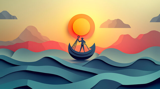 Conceptual Illustration of a Lone Fisherman Navigating Calm Paper-Cut Style Ocean Waves Under a Vibrant Golden Sunset