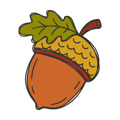 Cute hand drawn acorn with a green oak leaf for autumn season and forest nature themes Vector © alien AZ