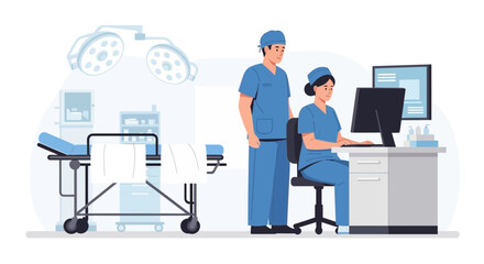 Fototapeta premium Medical Team in Operating Room with Patient Bed and Computer
