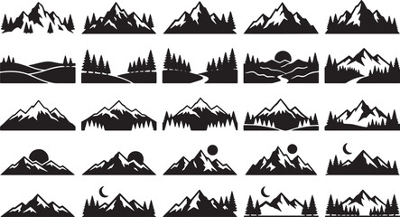 Fototapeta premium Dramatic alpine peaks silhouette, layered mountain range black vector illustration for scenic nature background, adventure travel poster, wallpaper and cover design