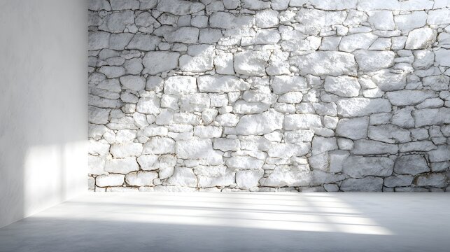 Bright minimalist studio room with a textured white stone masonry wall and soft sunlight shadow.