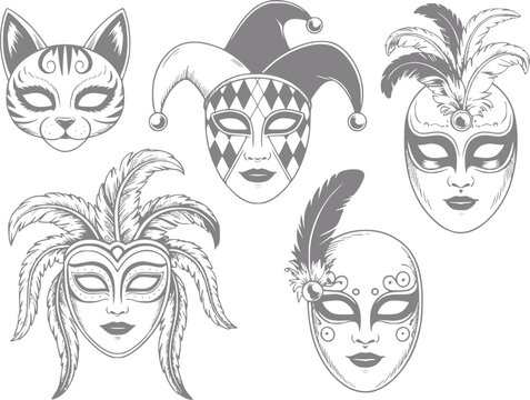 Conjunto de m&aacute;scaras de carnaval y mascarada dibujadas a mano con plumas, buf&oacute;n y caras de gato decorativas