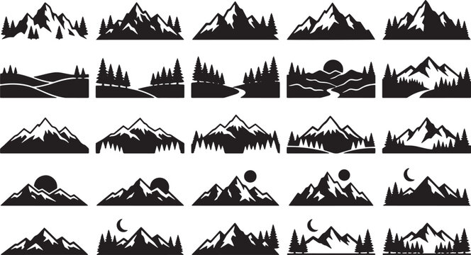 Dramatic alpine peaks silhouette, layered mountain range black vector illustration for scenic nature background, adventure travel poster, wallpaper and cover design