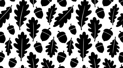 Seamless pattern with black oak leaves and acorns in a simple hand drawn style for autumn Vector © alien AZ