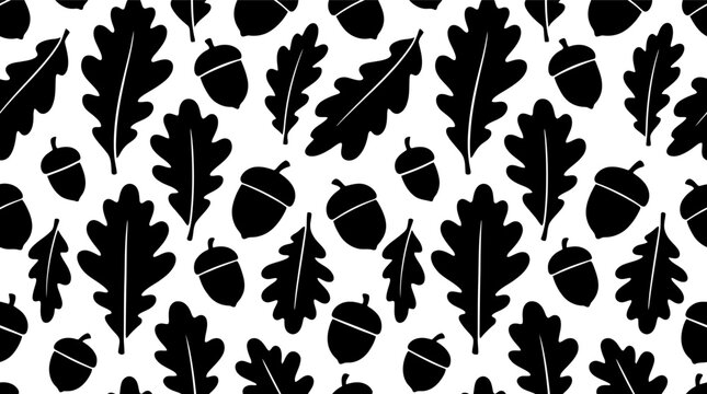 Seamless pattern with black oak leaves and acorns in a simple hand drawn style for autumn Vector