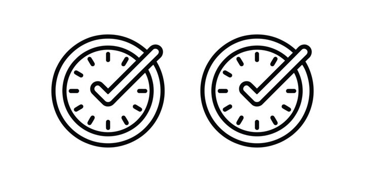 Clock icon featuring check mark, on time delivery, deadline completion, productivity, schedule management, and vector illustration