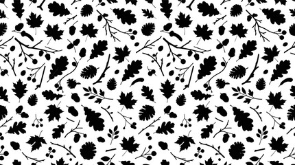 Seamless pattern with black silhouette oak leaves and acorns on a white background Vector © alien AZ