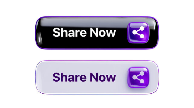 3D&nbsp;Share now buttons with glossy purple social media icons displayed in a horizontal on transparent background