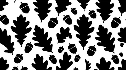 Seamless pattern with black oak leaves and acorns silhouette shapes for autumn design Vector © alien AZ