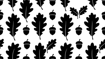Seamless pattern with black oak leaves and acorns silhouette shapes for autumn nature design Vector © alien AZ