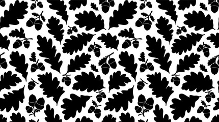 Seamless pattern with black oak leaves and acorns silhouette shapes for nature design projects Vector © alien AZ
