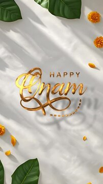Festive onam celebration with golden text, green leaves, orange flower petals on white background. Suitable for onam greetings and invitations.