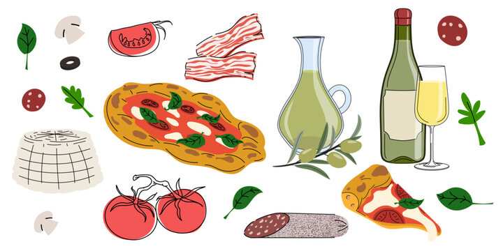 Italian food and drink set. Mediterranean cuisine elements including pasta, pizza, cheese, wine, olive oil, tomatoes and herbs. Flat vector modern icons collection.