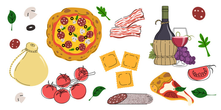Italian food and drink set. Mediterranean cuisine elements including pasta, pizza, cheese, wine, olive oil, tomatoes and herbs. Flat vector modern icons collection.