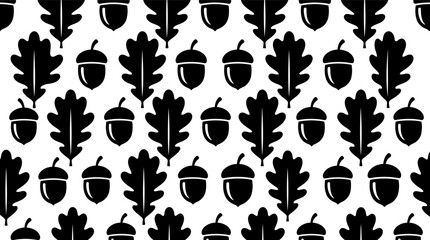 Seamless pattern with black oak leaves and acorns icons for autumn seasonal design projects Vector © alien AZ