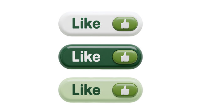 3D&nbsp;Glossy green like buttons with thumbs up icons designed for modern web interface on transparent background