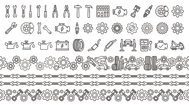 Collection of contemporary outline components and continuous repeating motifs tailored for automotive repair businesses structured linear layout featuring garage repair themed symbols  set design