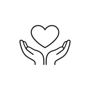 Heart Concept Black Line Art Vector Illustration Of Cupped Hands Holding A Heart Sign For Charity Care Healthcare And Protection