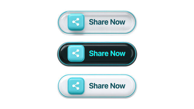 3D&nbsp;Share now buttons with glossy cyan icons and modern rounded shapes isolated on transparent background