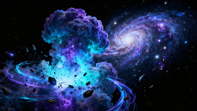 Spiral galaxy with cosmic dust and asteroids in deep space