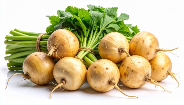 Fresh Jicama Bunch with Stems and Leaves on White Background