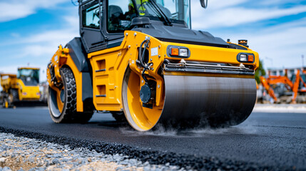 Obraz premium Modern yellow steamroller creating a perfectly smooth asphalt surface on a highway construction project, fresh black tarmac with light steam, blue sky, heavy machinery working efficiently, civil eng