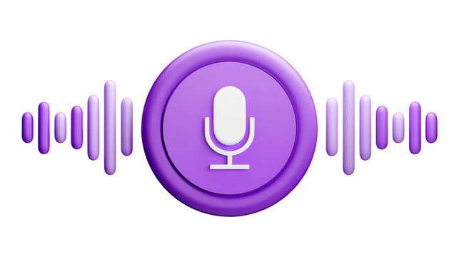 Purple microphone icon with digital sound wave bars rendered in a high quality 3D style on transparent background