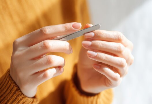 Person using metal nail file to shape fingernails with self care manicure grooming fingernails treatment cosmetic wellness maintenance procedure pampering rejuvenation close-up portrait