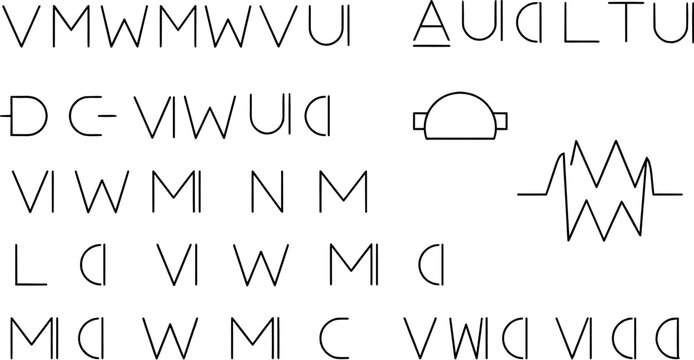 Vector collection of abstract geometric line art alphabet, futuristic font characters, and technical schematic symbols isolated on white background