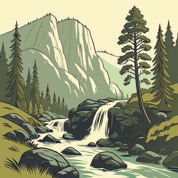 Illustration of a mountain landscape with a waterfall and pine trees mountain landscape waterfall illustration wilderness environment greenery vegetation wildlife ecosystem biodiversity