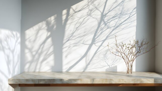 Minimal marble table counter with dry branch vase against white wall casting soft tree branch shadow background.
