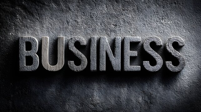 Grungy concrete texture background featuring three dimensional block letters spelling out the word business.