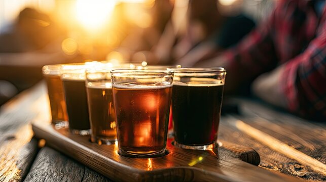 Diverse beer selection presented in tasting glasses, bathed in warm golden sunlight