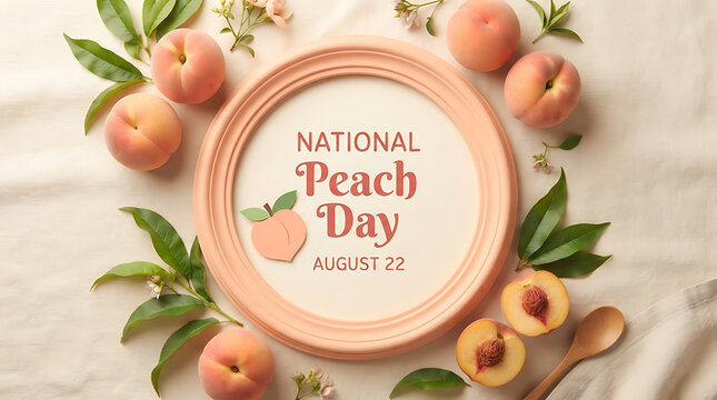 Ripe peaches arranged with leaves and flowers around a decorative frame celebrating National Peach Day