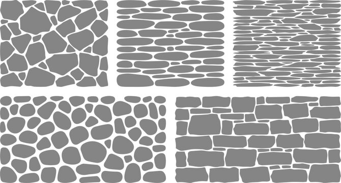 Set of five different grey stone wall texture patterns presented as a flat vector graphic illustration